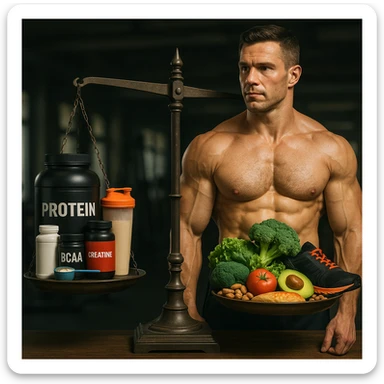 A 35-year-old bodybuilder con equilibrio su uso di sostanze e non. immagine iper realistica, fai una bilancia sticker