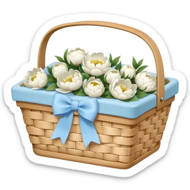 White Picnic basket with light blue bow and white peonies inside sticker