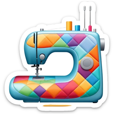 Patchwork and quilting icon, colorful fabric patches sewn together in a quilt pattern, sewing needle and thread, quilting tools like rotary cutter and quilting hoop, minimalistic style, clean lines, transparent background. sticker
