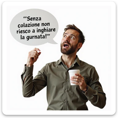hyperrealistic 4K man isolated on white background, speech bubble saying 'Senza colazione non riesco a iniziare la giornata', enthusiastic expression, realistic details, different pose, variant 6 sticker