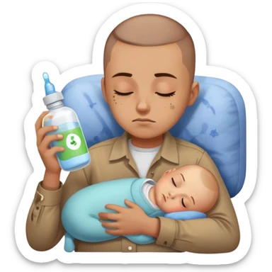 Hair: Buzzcut with baby photo sticker on temple Face: Sleep-deprived squint, formula powder residue Clothes: Stained button-up with mismatched socks Action: Bottle-warming while debugging code sticker