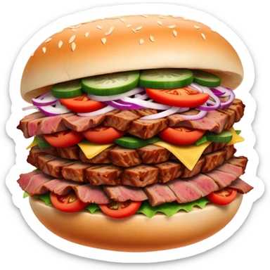 Cinematic Realistic Doner Kebab Dish Emoji, showcasing succulent, spiced meat shaved from a rotating spit rendered with lifelike detail and dynamic, appetizing lighting. sticker