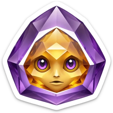 Single gemstone amethyst character, warm golden citrine, squat and heavy like a rock, with carved facets with eyes sticker