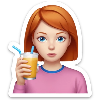 ginger woman short hair, pink shirt, sipping energy drink blue eyes cosy  sticker