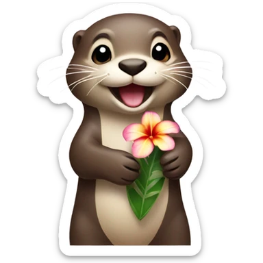 A happy and cute otter face holding a Hawaiian flower sticker