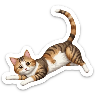 brown tabby and white cat with doing a big extremely long stretch reaching up into the air with arms and legs side by side together straight and overextended whilst lying on its side sticker