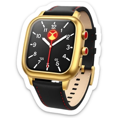 3D render of Laser Watch, secret agent spy gear aesthetic, hidden mechanisms, gold luxury wristwatch emitting a tiny red laser beam, sleek tactical texture, Apple emoji style, isolated on white background --v 6.0. sticker