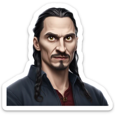 IKEA co-worker vampire Zlatan in Marvel Avengers style, oil paint, mysterious eyes, intricate lips, masterpiece pose, odd perspective, beautiful, desirable, logical sticker