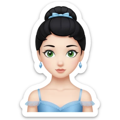 Cinematic Realistic ballerina Medium Blue Portrait, depicted with lifelike skin texture, subtle rosy undertones, and soft natural lighting that enhances the gentle contours of her face. Her intricately detailed sweet black hair is elegantly styled, green eyes sticker