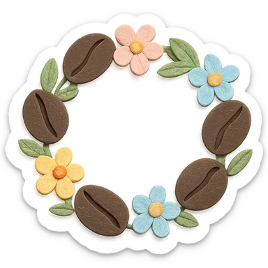 coffee bean floral wreath with small flowers, hand-drawn pastel design sticker