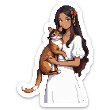 beautiful girl with long black hair wearing a white dress holding an Abyssinian cat with reddish-brown fur in her arms sticker