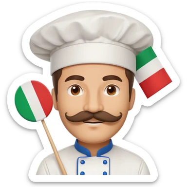 Paper fan with the design of an Italian man with a thick mustache, Italian flag colors, chef hat sticker
