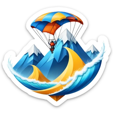 A bold emblem featuring a combination of symbols representing various extreme sports, like a mountain peak, a parachute, and a wave. The design is dynamic and sharp, capturing the thrill and adventure of extreme sports, with a strong, energetic vibe. sticker