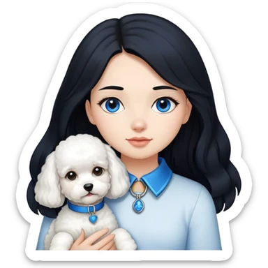 A girl with long black hair holding a bichon with a blue collar sticker