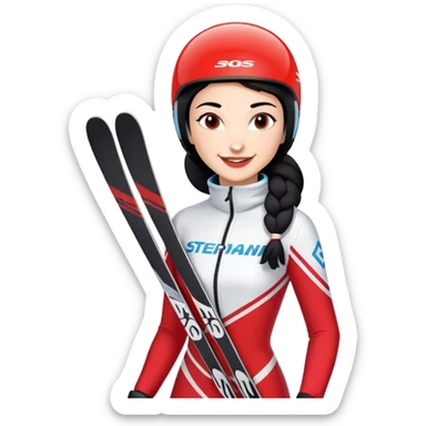 Ski racer woman red white dress with the name Stephanie on the dress and the name HEAD on the skis, black hair, smile sticker