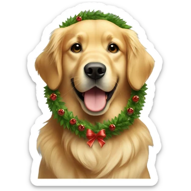 Golden retriever wearing a Christmas wreath around neck sticker