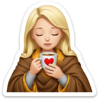 Blonde girl inside a blanket sipping coffee eyes closed sticker