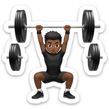 A boy with dark skin, black color front spike hair and wearing a black shirt is doing an overhead squat with a lot of weight on the barbell sticker