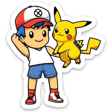 Hot handsomeb muscular 6ft tall smiling happy clean shaven Ash Ketchum playing doctor with Pikachu and giving him a shot sticker