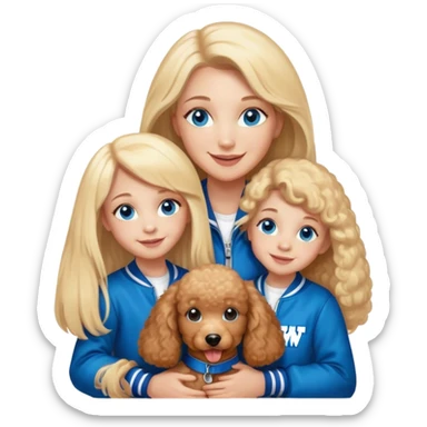 smiling mother in letterman jacket with W and Blue eyes, two Little girls Long blond straight hair and Blue eyes, one brown poodle puppie sticker