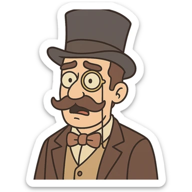 a man with a mustache, wearing a top hat and a monocle sticker