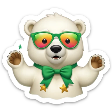 friendly anthropomorphised polar bear wearing oversized colorful star glasses and festive St. Patrick's Day outfit, swimming with joyful expression sticker