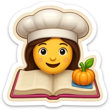 A woman chef with a chef hat on top of a cookbook, in vibrant colors and clear details, emoji style with no background. sticker