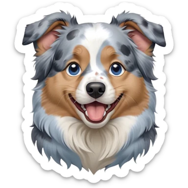 Cinematic Cute Yawning Tan Point Blue Merle Australian Shepherd Portrait Emoji, Head tilted slightly with a dramatic, wide-open yawn, soft blue merle fur with prominent tan points and crisp white accents, floppy ears slightly drooping, round blue eyes barely open in drowsy contentment, Simplified yet irresistibly adorable features, highly detailed, glowing with a soft, cozy glow, high shine, relaxed yet expressive, stylized with a touch of whimsy, bright and endearing, soft glowing outline, capturing the essence of a sleepy yet affectionate pup, so drowsy it feels like it could stretch right out of the screen and curl up for a nap! sticker