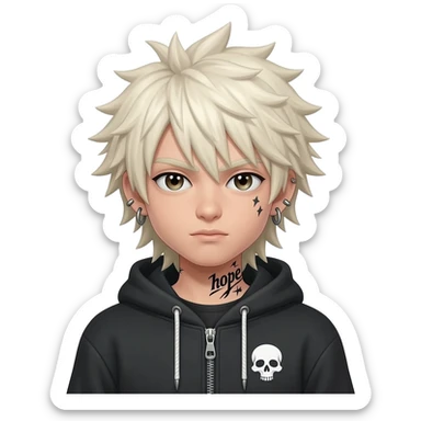 boy japan spiky long platinum gold hair, hoodie zip is vignette skull wear piercings tatto "hope" sticker