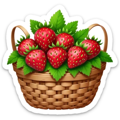 Cinematic ripe strawberrie, deep red, glossy with tiny seeds, green leaves still attached, gathered in a rustic basket, warm glowing background, fresh and sweet. sticker