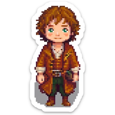 Whole body image of bilbo baggins from the lord of the rings  in pixel art style and formatted to fit emoji size for later adding to slack app sticker
