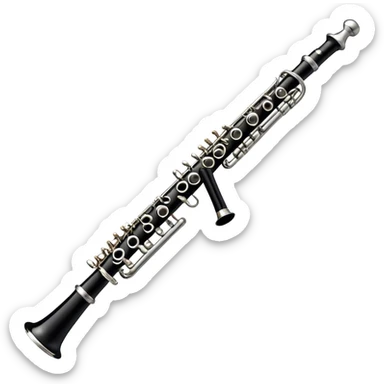 Create a sleek and professional emoji representing a black standard clarinet. The design should feature a smooth, glossy black body of the clarinet with shiny, silver keys clearly visible. Highlight the intricate details of the mouthpiece and reed at the top, while the body of the instrument should remain simple and elegant. Add subtle musical notes or soundwaves floating around the instrument to symbolize its clear, melodic sound. Use black for the body, silver for the keys, and soft lighting effects to give the instrument a polished, sophisticated look. The background should be transparent. sticker