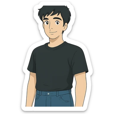 portrait of a man with black hair, jeans, black t-shirt, transparent background, ghibli style sticker