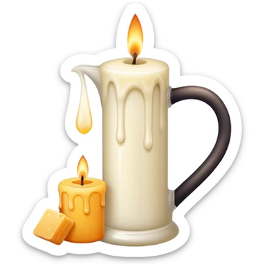 Candle making icon, candle with a wick, melting wax, wax blocks, candle mold, pouring jug, minimalistic style, clean lines, transparent background. sticker