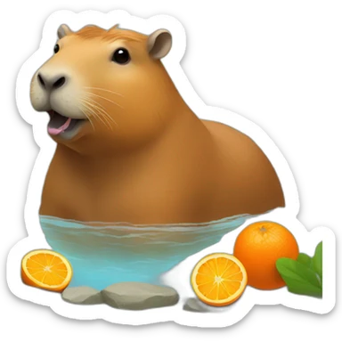 capybara in a hot spring with an orange on its head sticker