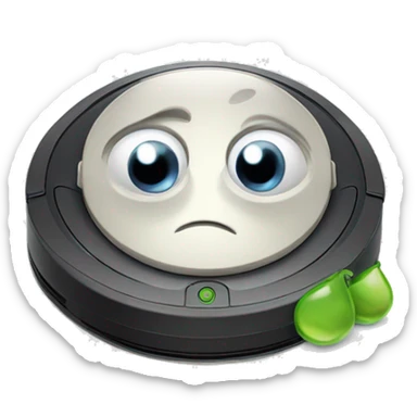 Roomba with sad eyes and a teardrop sticker