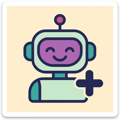 minimal robot avatar with smiling face and large plus sign, Slack-inspired colors, suitable for Slack profile icon, modern and simple sticker