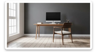 Editorial shot, Make this chair next to desk with mac setup, wooden modern floor, minimalistic room, contrast chair to wall, chair standing front to camera, soft bright light in room sticker