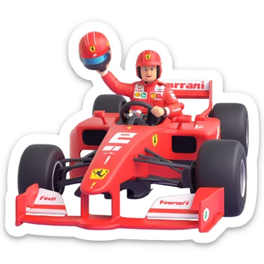 Michael Schumacher driving a Ferrari F1 car from 2004, dynamic racing pose, iconic red livery, helmet visible, Formula 1 theme, detailed, energetic, emoji style sticker