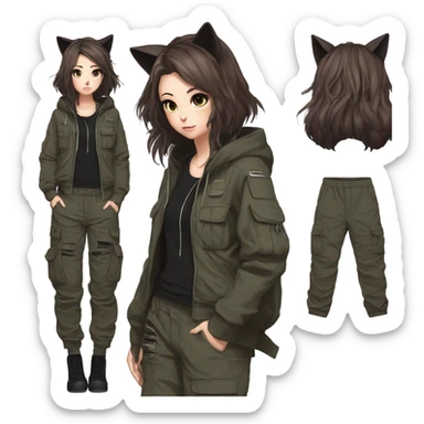 Edgy cool shy urban beautiful pretty anime punk tomboy with cat ears techwear cargo pants hoodie brown hair collar  sticker