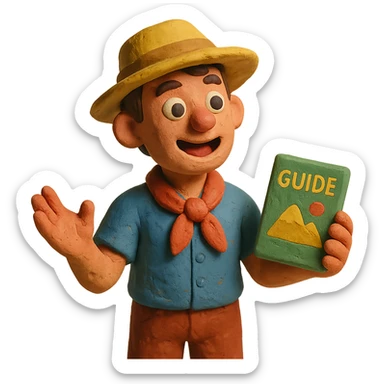 travel guide with hat, gesturing while talking, claymation style sticker