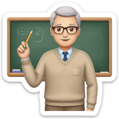 Create a simple 3D color illustration of a teacher emoji. The teacher should be shown as a friendly, middle-aged figure with glasses, wearing a smart-casual outfit like a sweater and slacks. They should be holding a chalk or marker in one hand, with a whiteboard or classroom background implied. The teacher should have a warm and welcoming expression. The emoji should maintain a neutral, educational vibe. The background should be pure white. sticker