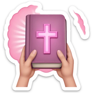 emoji hands holding a monochromatic pastel pink glowing bible sticker