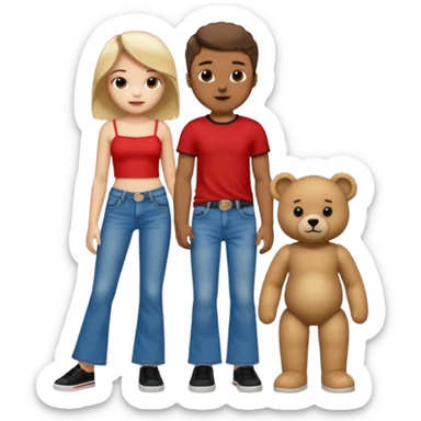 A boy and a girl teddy bear for the boy bear put on true religion shirt and jeans with black shoes and for the girl put flare jeans and a red tube top and white shoes sticker
