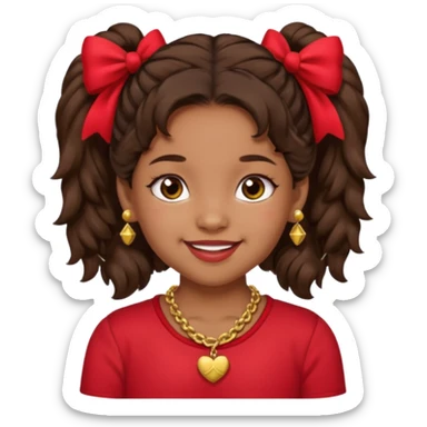 Brownskin girl dark brown hair fluffy. pigtails with red bows brown eyes smiling closed mouth red shirt gold esrrings gold necklace sticker