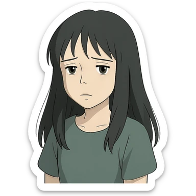 pale girl with long black hair, sad expression, in ghibli style sticker