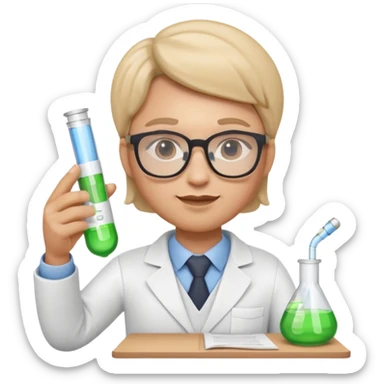 Apple Memoji-style 3D emoji of a researcher wearing glasses holding papers or a test tube, clean gradients, rounded shapes, no background. sticker