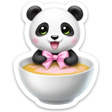 Baby panda with pink bow eating big bowl of soup sticker