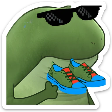 Shark wearing three blue shoes with sunglasses on sticker