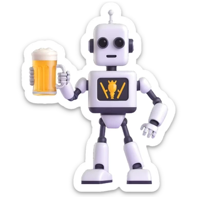 robot graphic designer cheering with a beer sticker